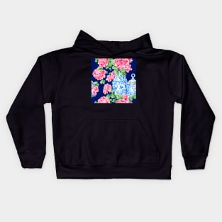 Roses in chinoiserie jar on navy blue background Kids Hoodie